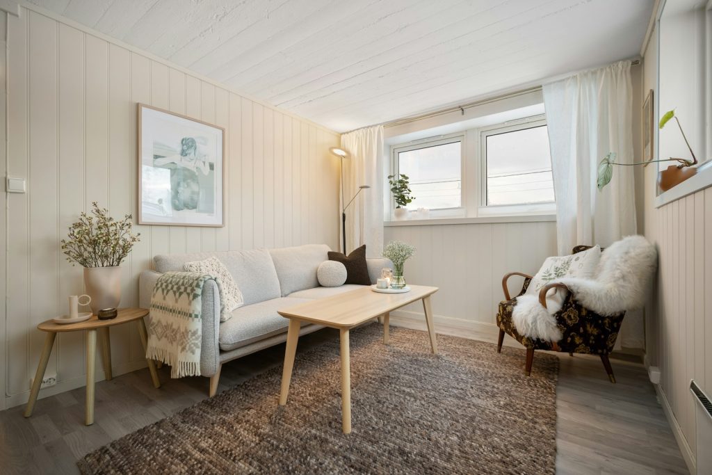 A living room filled with furniture and a rug