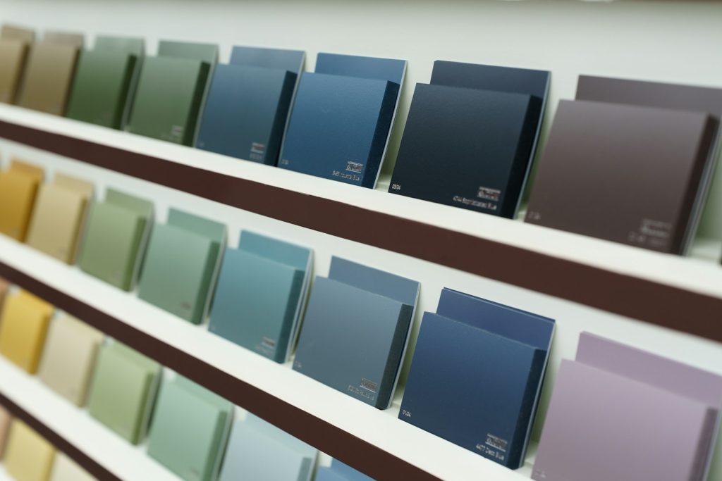 Paint color swatches are displayed on a shelf.